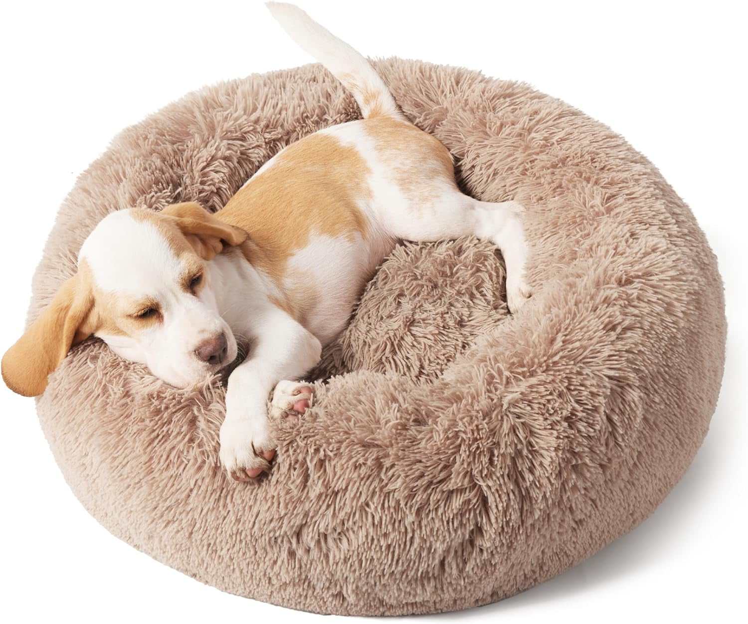 Bedsure Calming Small Dog Bed Donut Washable Cat＆Puppy Bed,23 Inches Camel | Oprah Daily Award,Fluffy Faux Fur round Cuddler,Anti-Slip Bottom,Anti-Anxiety,Deep Sleep for Large Cat & Pets up to 25 Lbs
