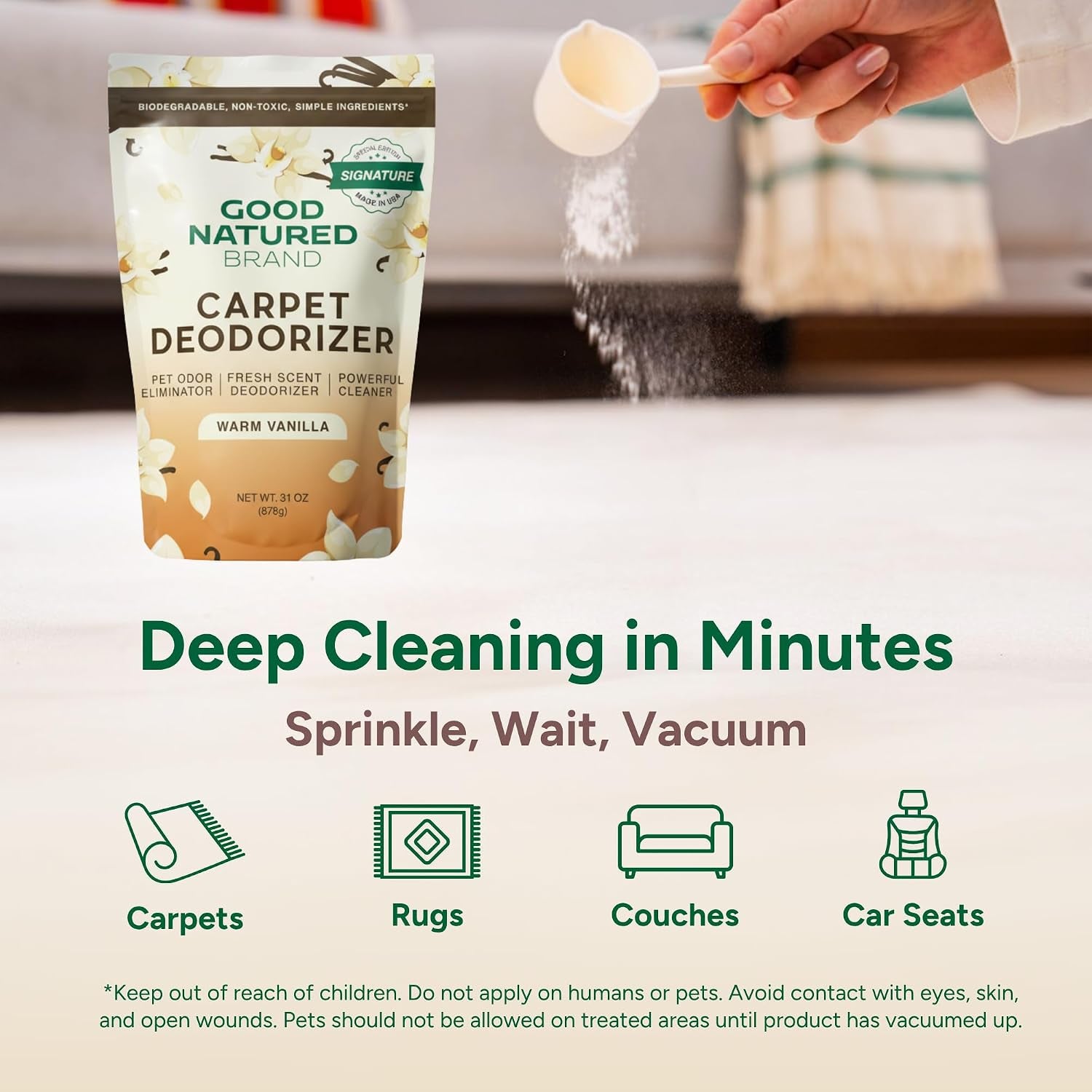 | Carpet Freshener & Deodorizer Powder | 31 Oz Pet Odor Eliminator for Strong Odor & Pet Urine | Fresh Natural Warm Vanilla Scent | Safe for Homes with Pets