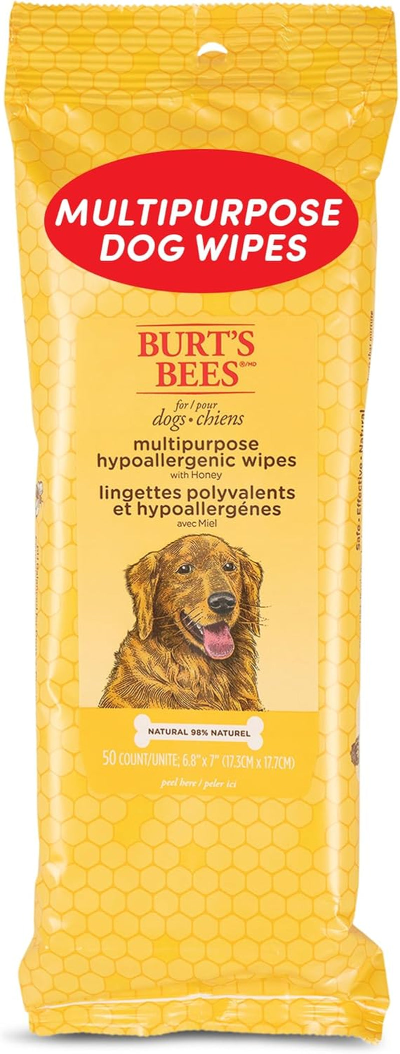 Honey Multipurpose Dog Grooming Wipes - Gentle Hypoallergenic Spot Cleaning Sheets with pH Balanced Natural Formula for Paws, Face, and Butt, 50 Count