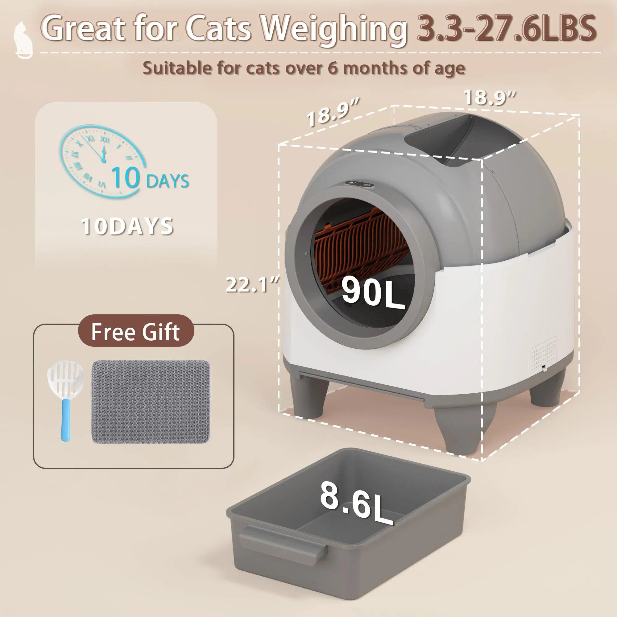 Warcat Smart Low-Noise Self-Cleaning Cat Litter Box with 90L Capacity, App-Controlled via 2.4G Wi-Fi, Featuring Smart Sensors and Safety Protection for Easy Maintenance and Setup