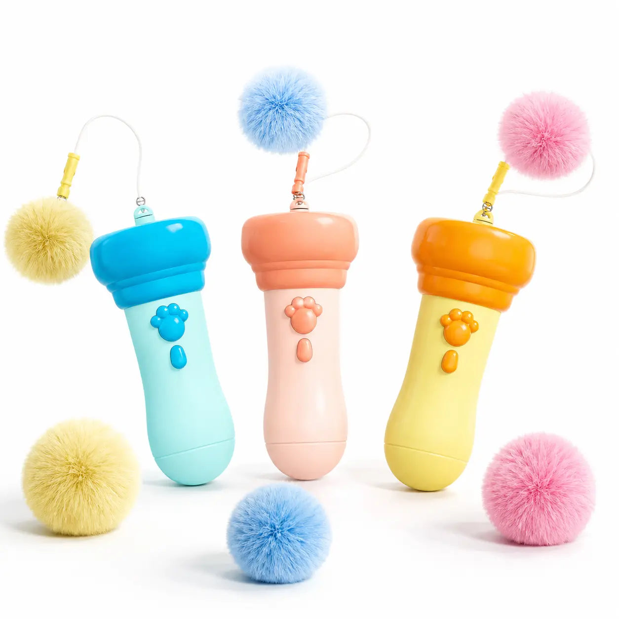 Electric Interactive Cat Teaser Wand with Fluffy Pom Balls for Indoor Cats and Kittens