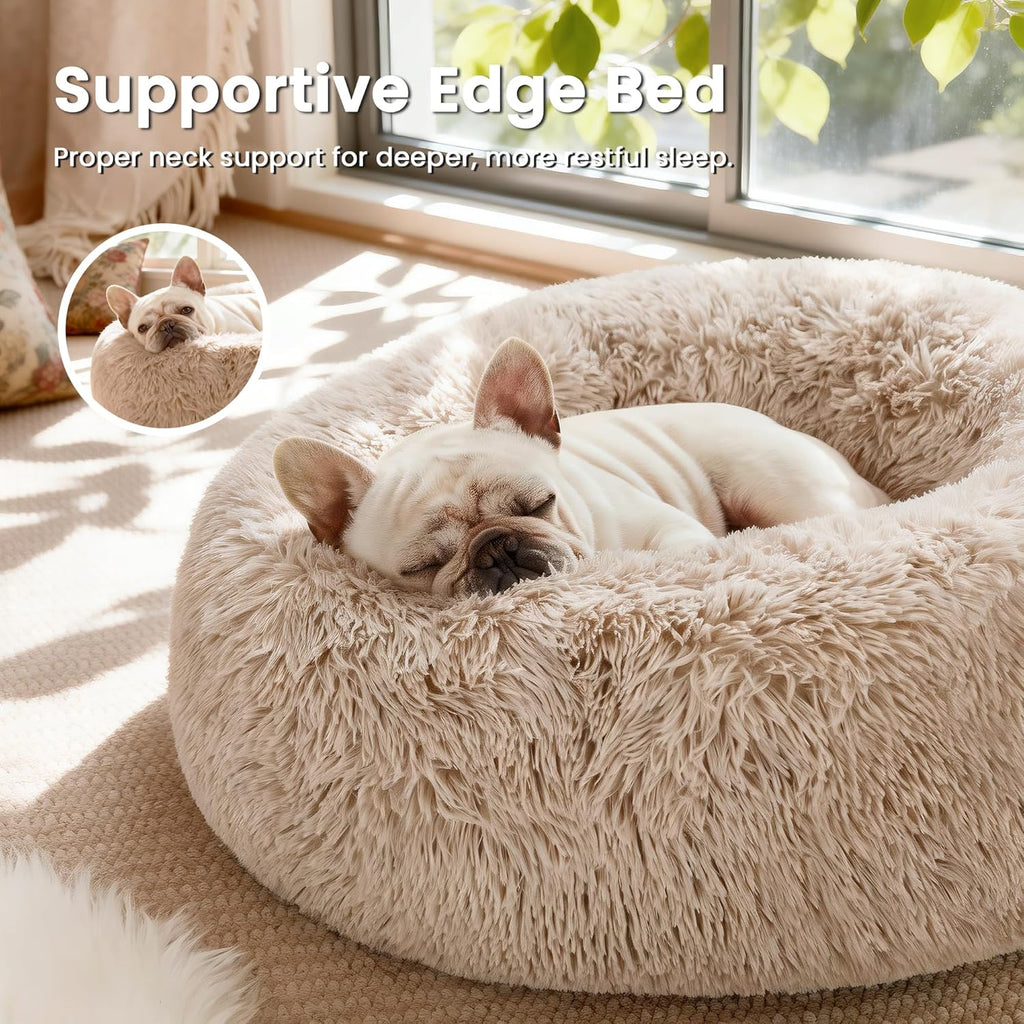 Calming Donut Pet Bed for Cats and Small to Medium Dogs, Anti-Anxiety Fluffy Warming Bed in Beige Taupe - Available in 20" and 24" Sizes