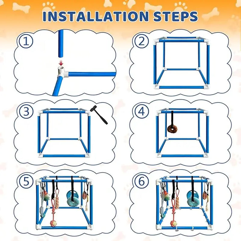 Indoor Puppy Play Gym - PVC Frame with Velcro Rope, Snuffle Mat, and 8 Hanging Toys for Interactive Training and Enrichment for Small Dogs
