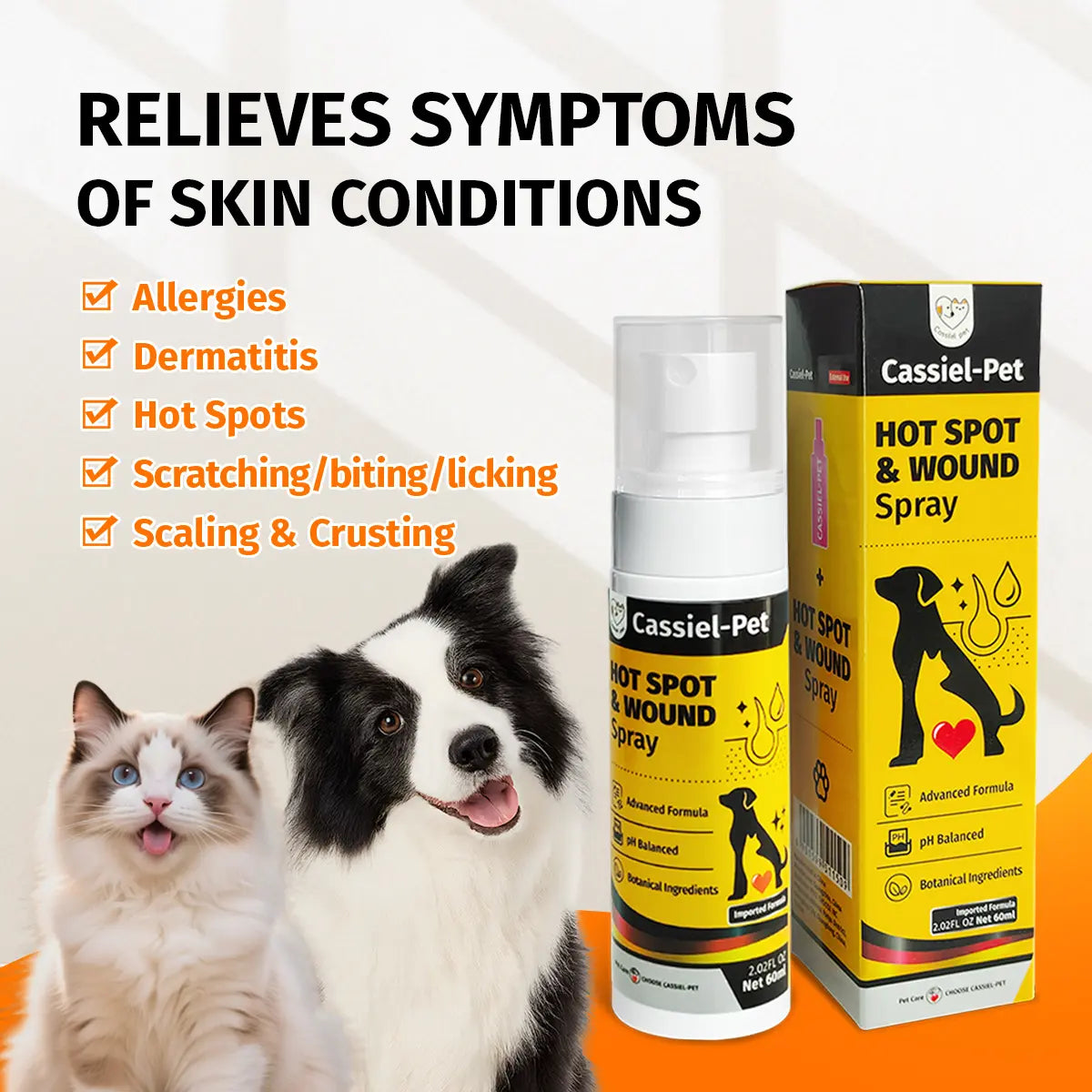 Cassiel Pet Hot Spot and Wound Spray for Dogs and Cats - Natural Soothing Skin Spray for Clean, Soft Skin and Itch Relief, Enhanced Packaging