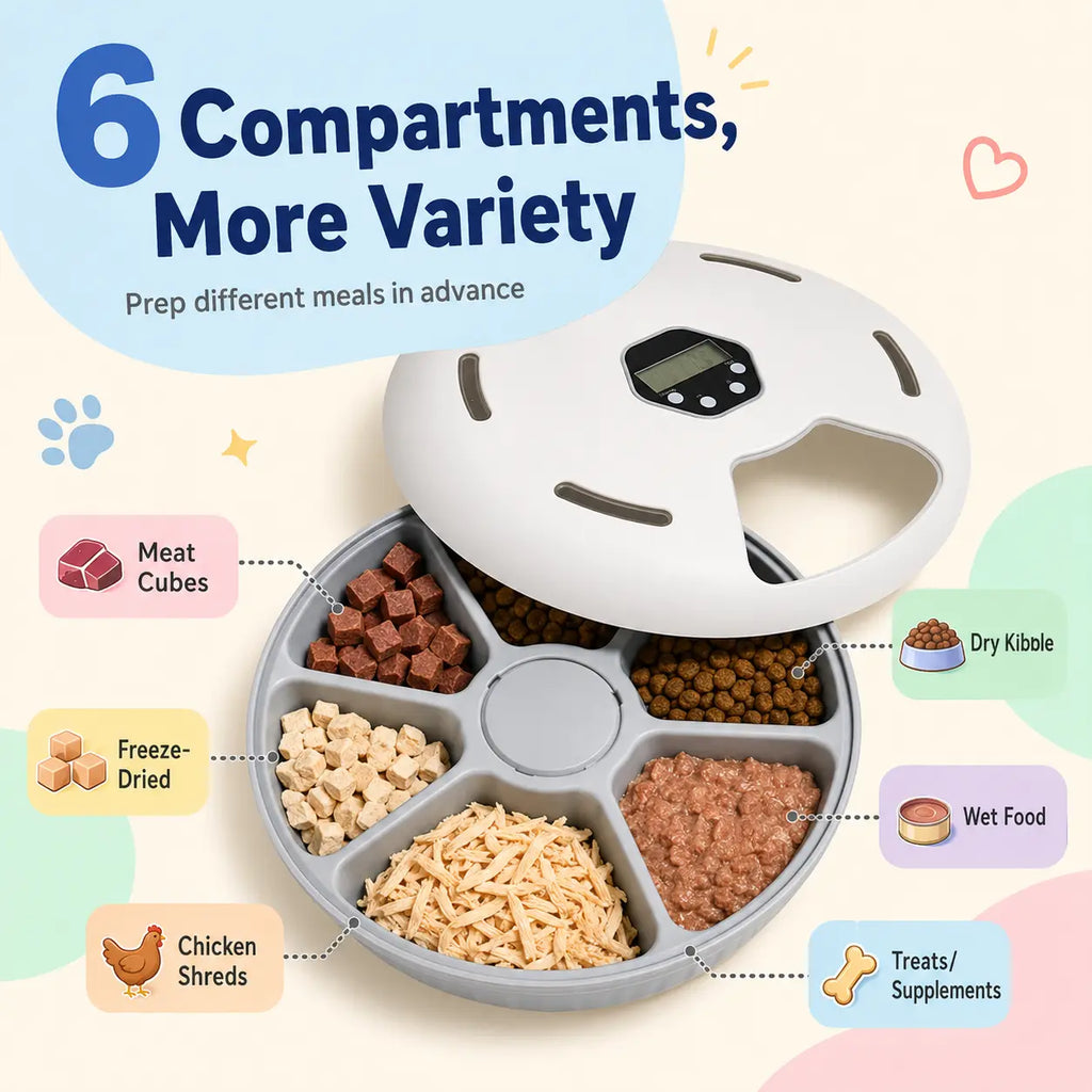 Timed Automatic Cat Feeder with 6 Meals - Detachable Indoor Rotating Dispenser for Wet & Dry Food, Includes Ice Packs, Battery Operated for Kittens and Small Dogs, White