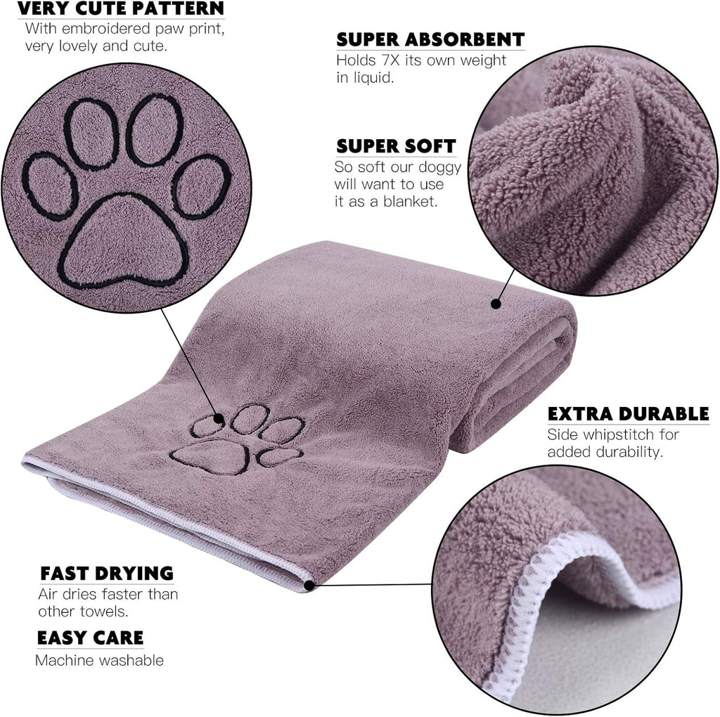 Microfiber Pet Bath Towel - Absorbent, Quick-Drying, Large 30x50 Inch with Paw Print Design, Machine Washable, Purple for Dogs and Cats