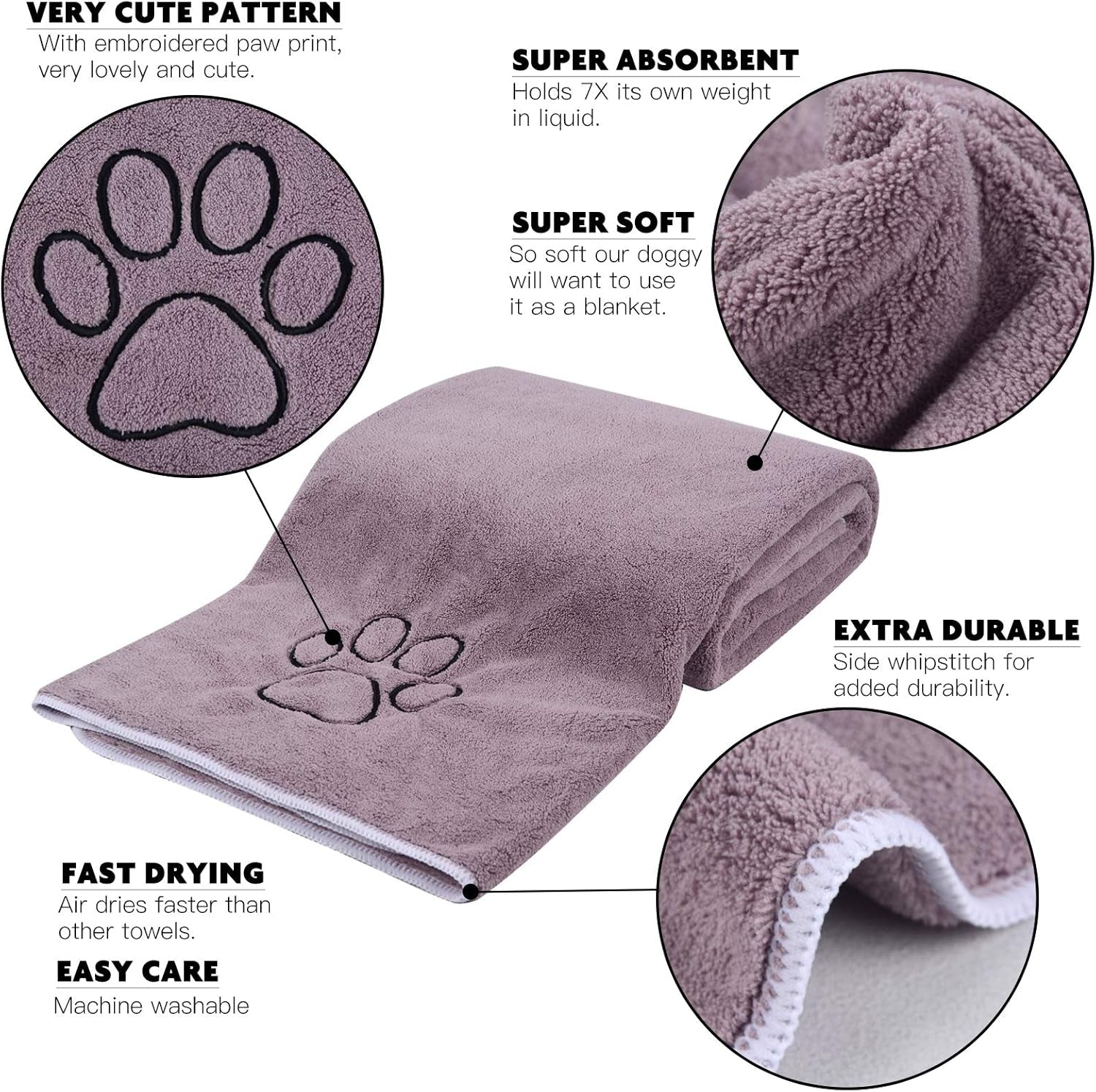 Microfiber Pet Bath Towel - Absorbent, Quick-Drying, Large 30x50 Inch with Paw Print Design, Machine Washable, Purple for Dogs and Cats