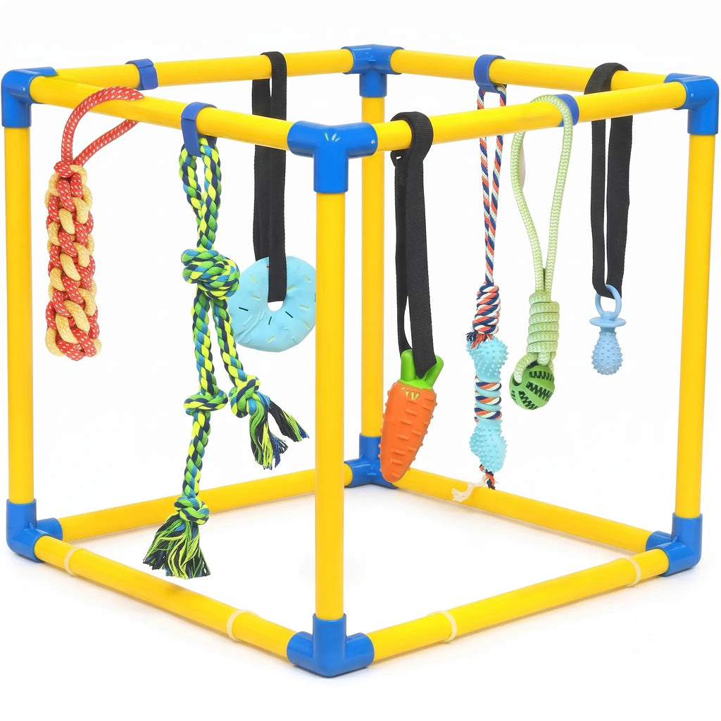 Interactive Dog Play Gym Enrichment Toy Set with Rope Tug, Chew, and Squeaky Toys - Indoor Activity Center for Reducing Anxiety and Boredom Relief, Durable PVC Frame Suitable for Dogs of All Sizes