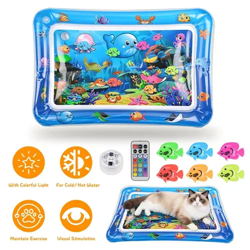 Interactive Sensory Water Mat for Kittens - 3D Floating Fish Toy with LED Light and Chirping Flapping Bird Wand, Durable PVC, Rechargeable USB-C, Stress Relief and Indoor Enrichment Gift
