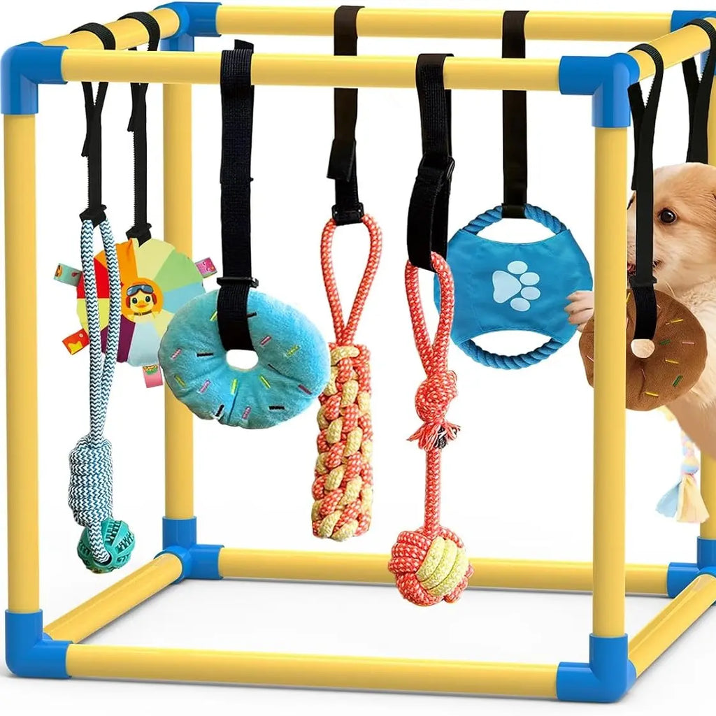 Indoor Puppy Play Gym - PVC Frame with Velcro Rope, Snuffle Mat, and 8 Hanging Toys for Interactive Training and Enrichment for Small Dogs