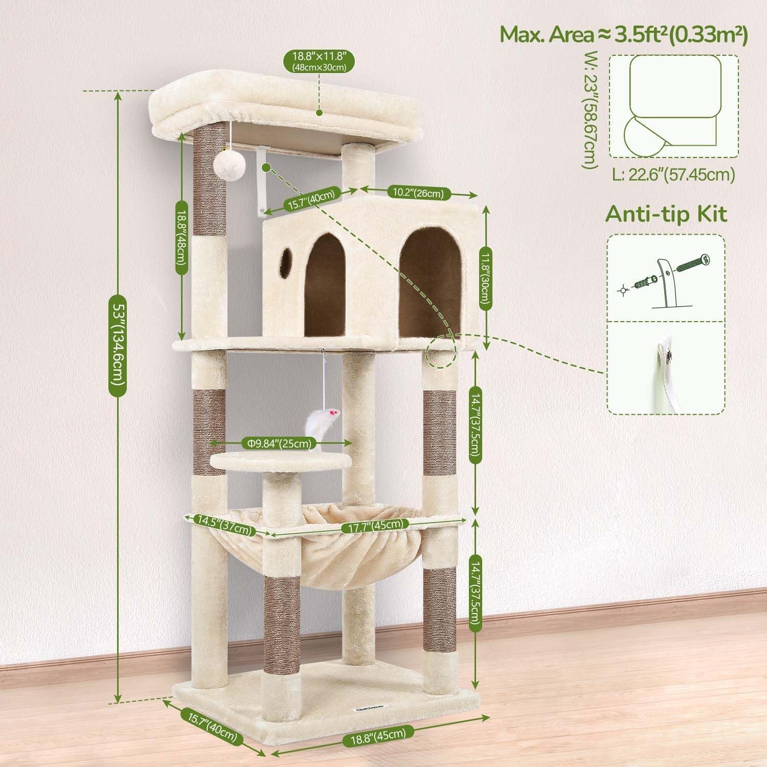 Cat Tree Tower with Scratching Post for Indoor Cats, 53Inch Tall Plush Multi-Level Cat Climbing Tower Condo House with Large Hammock, Spacious Cat Cave, Big Padded Top Perch Bed, F53, Beige