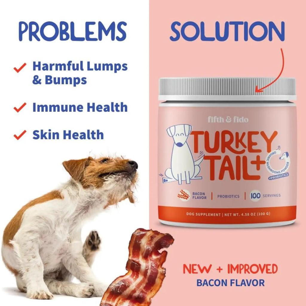 Fifth and Fido Turkey Tail+ Grain-Free Dog Food Topper - Bacon Flavor, Limited Ingredient Supplement with Probiotics for Puppies, 100 Servings, Supports Immune and Gut Health, Aids Lipomas, Natural Allergy Relief