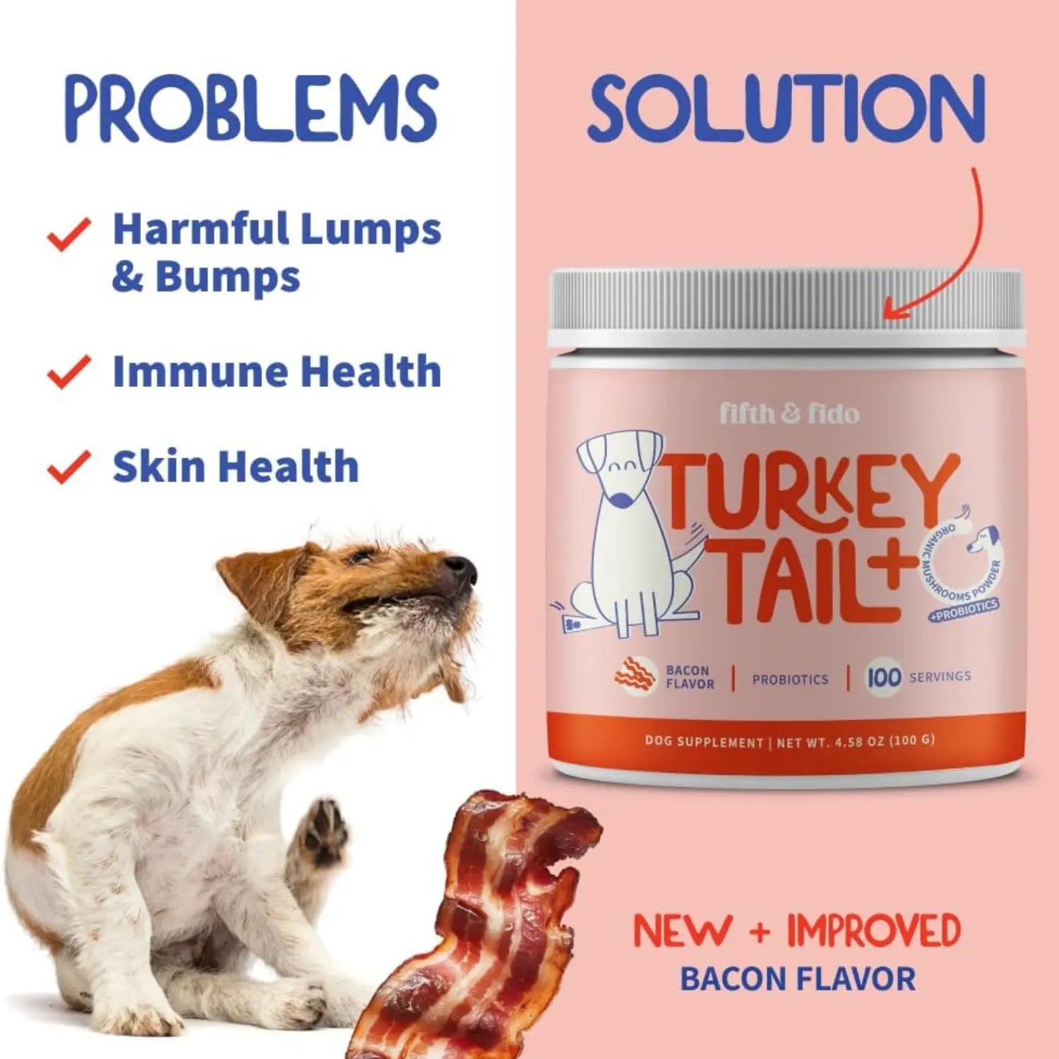 Fifth and Fido Turkey Tail+ Grain-Free Dog Food Topper - Bacon Flavor, Limited Ingredient Supplement with Probiotics for Puppies, 100 Servings, Supports Immune and Gut Health, Aids Lipomas, Natural Allergy Relief