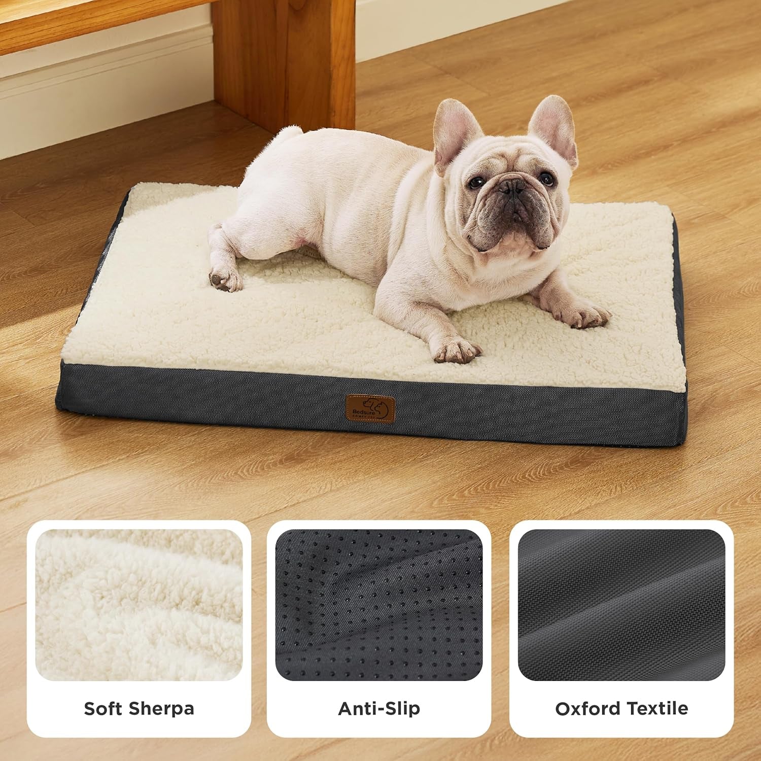 Bedsure Medium Washable Dog Bed - Comfy Sherpa with Orthopedic Egg Crate Foam, 30x20 inches, Grey, Non-Slip Bottom, Removable Cover, Ideal for Pets up to 30 lbs