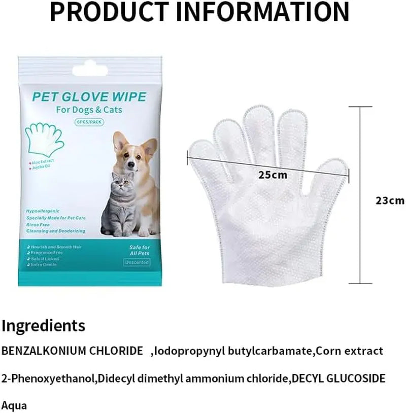 Premium Pet Glove Wipes for Dogs and Cats - Extra Thick, Unscented, Rinse-Free Cleaning and Deodorizing Wipes for Daily Care and Travel - 6 Pack
