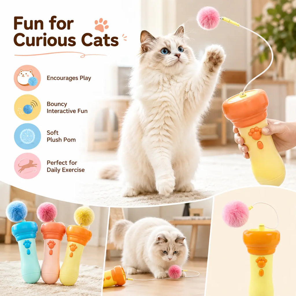 Electric Interactive Cat Teaser Wand with Fluffy Pom Balls for Indoor Cats and Kittens