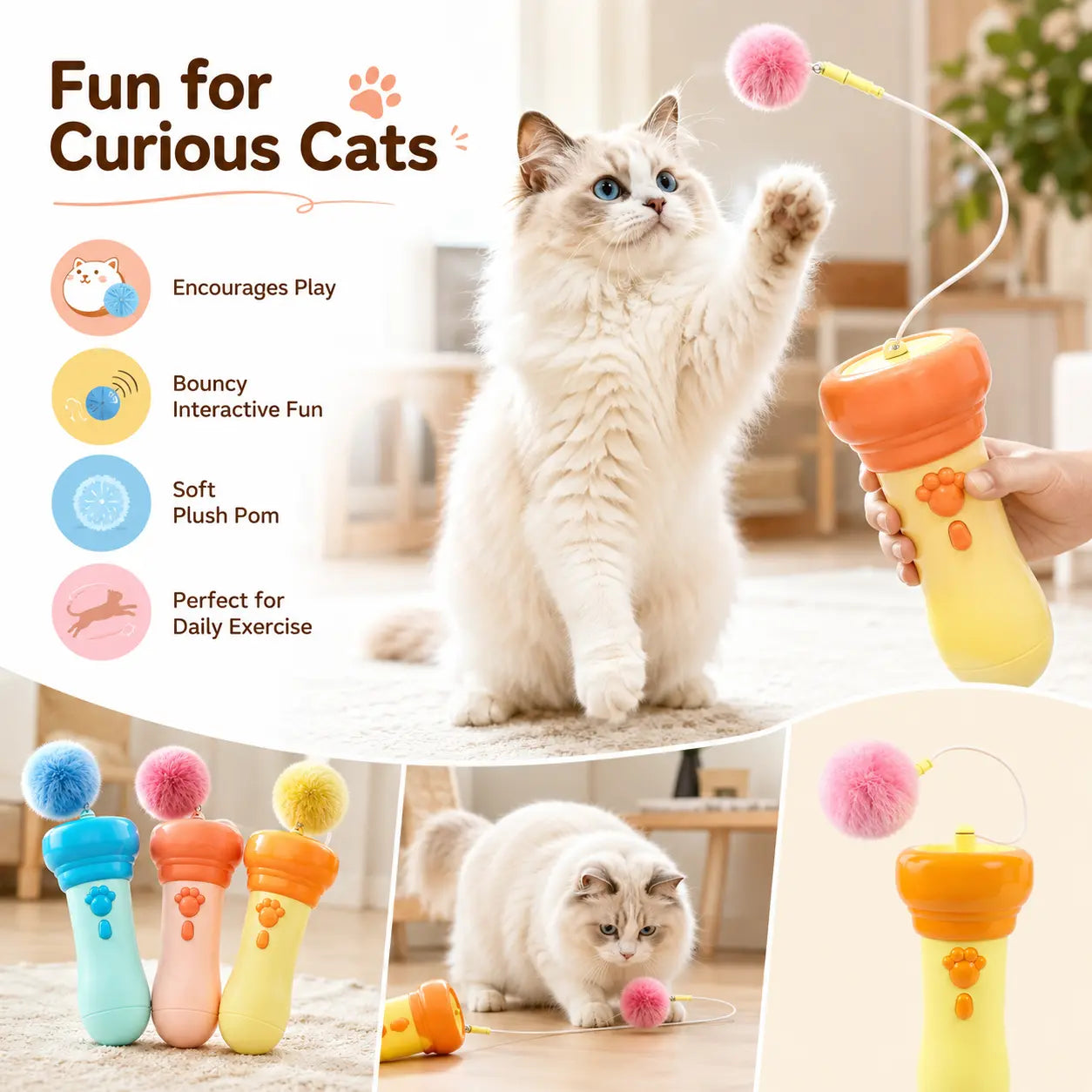 Electric Interactive Cat Teaser Wand with Fluffy Pom Balls for Indoor Cats and Kittens