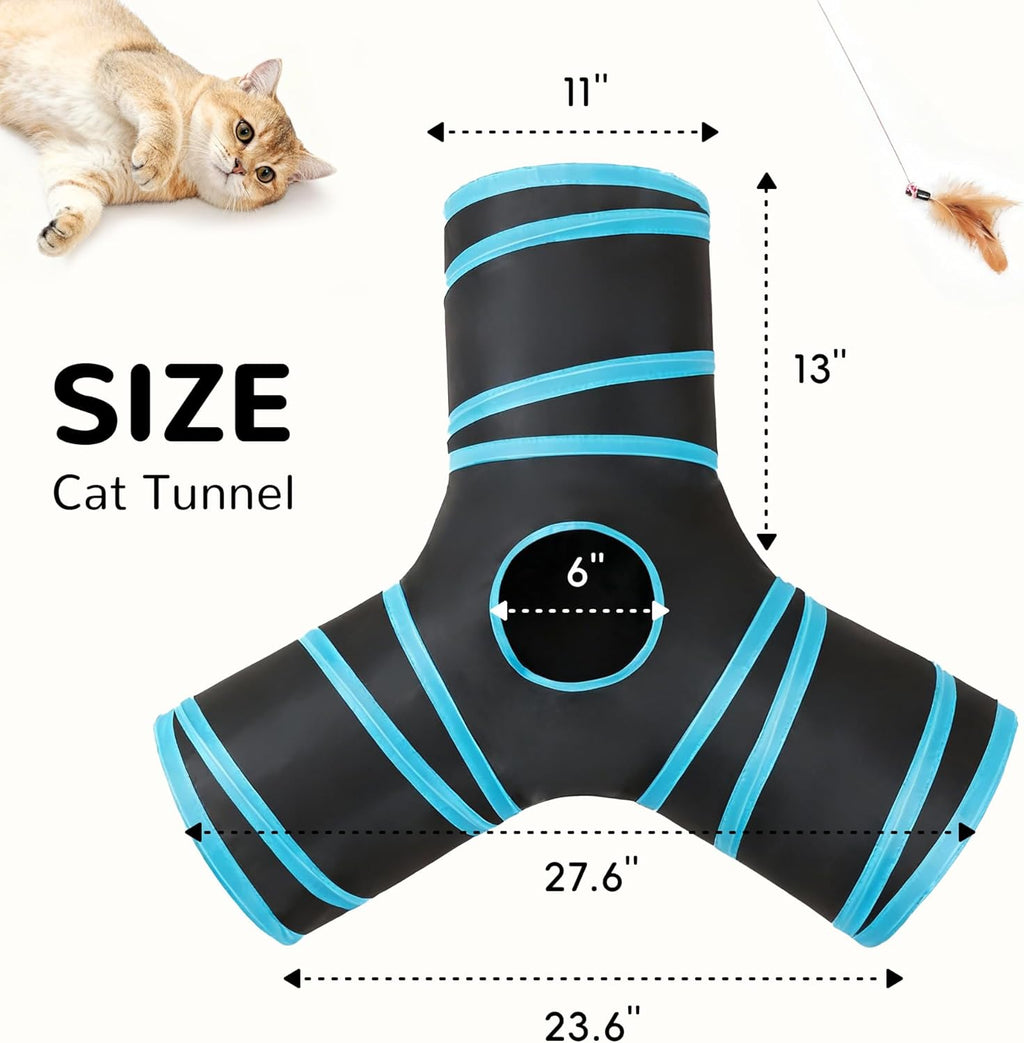 Collapsible 3-Way Cat Tunnel Toy with Interactive Features, Peek Holes, Teaser Wand, and Hanging Ball in Black and Blue