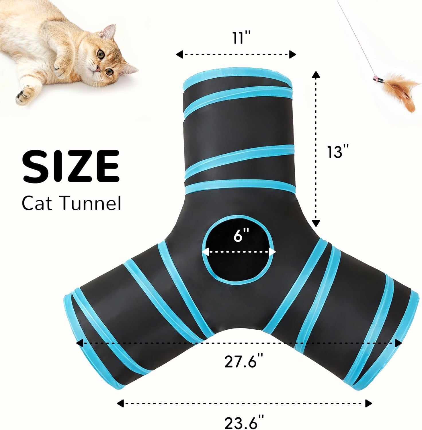 Collapsible 3-Way Cat Tunnel Toy with Interactive Features, Peek Holes, Teaser Wand, and Hanging Ball in Black and Blue