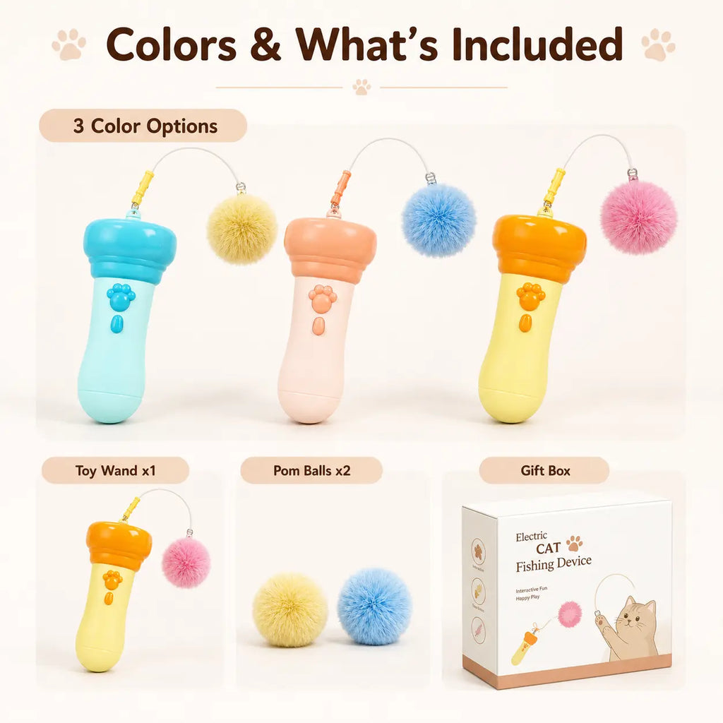 Electric Interactive Cat Teaser Wand with Fluffy Pom Balls for Indoor Cats and Kittens
