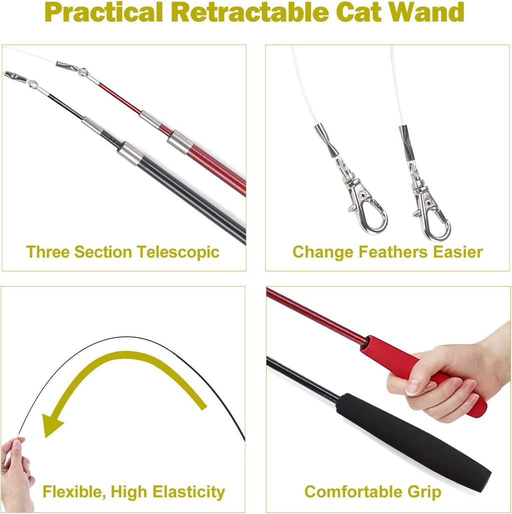 Interactive Cat Toy Set: 2 Retractable Wands and 9 Feather Refills for Indoor Cats - Engaging Play and Exercise Solutions