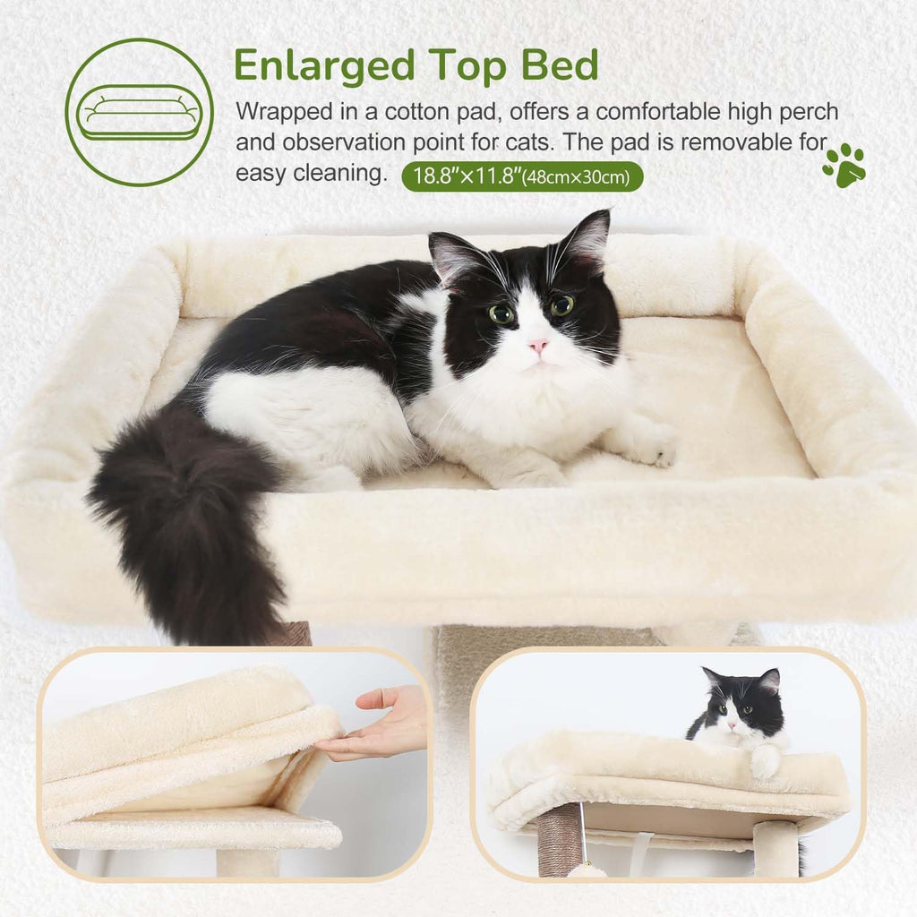 Cat Tree Tower with Scratching Post for Indoor Cats, 53Inch Tall Plush Multi-Level Cat Climbing Tower Condo House with Large Hammock, Spacious Cat Cave, Big Padded Top Perch Bed, F53, Beige