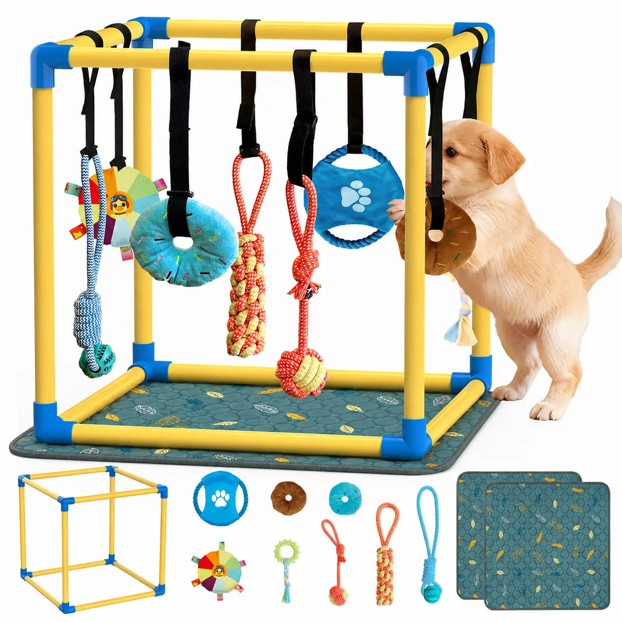 Indoor Puppy Play Gym - PVC Frame with Velcro Rope, Snuffle Mat, and 8 Hanging Toys for Interactive Training and Enrichment for Small Dogs