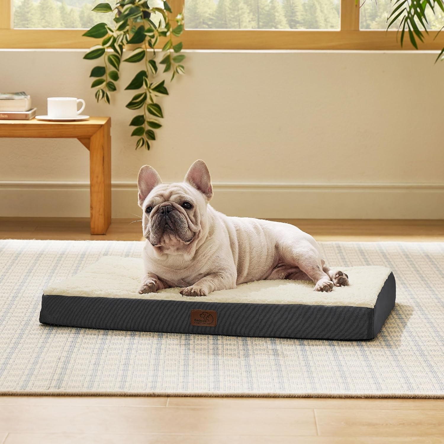 Bedsure Medium Washable Dog Bed - Comfy Sherpa with Orthopedic Egg Crate Foam, 30x20 inches, Grey, Non-Slip Bottom, Removable Cover, Ideal for Pets up to 30 lbs