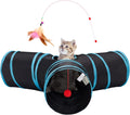 Collapsible 3-Way Cat Tunnel Toy with Interactive Features, Peek Holes, Teaser Wand, and Hanging Ball in Black and Blue