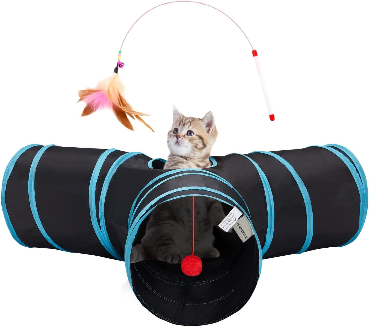 Collapsible 3-Way Cat Tunnel Toy with Interactive Features, Peek Holes, Teaser Wand, and Hanging Ball in Black and Blue