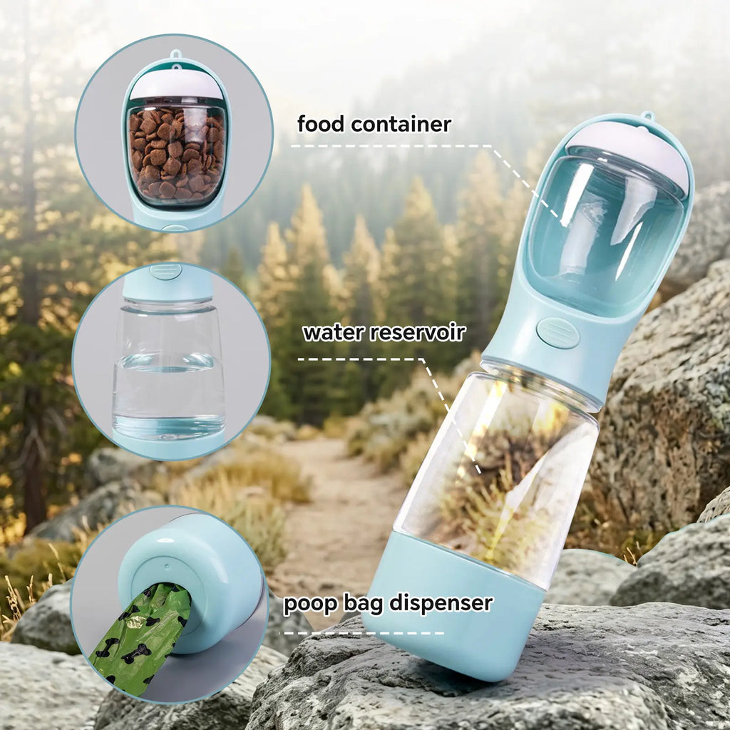 Portable 3-in-1 Dog Water Bottle with Food Container and Built-In Poop Bag Dispenser, Includes 30 Waste Bags - Leak-Proof Travel Cup for Walking and Hiking (29cm x 7.5cm)