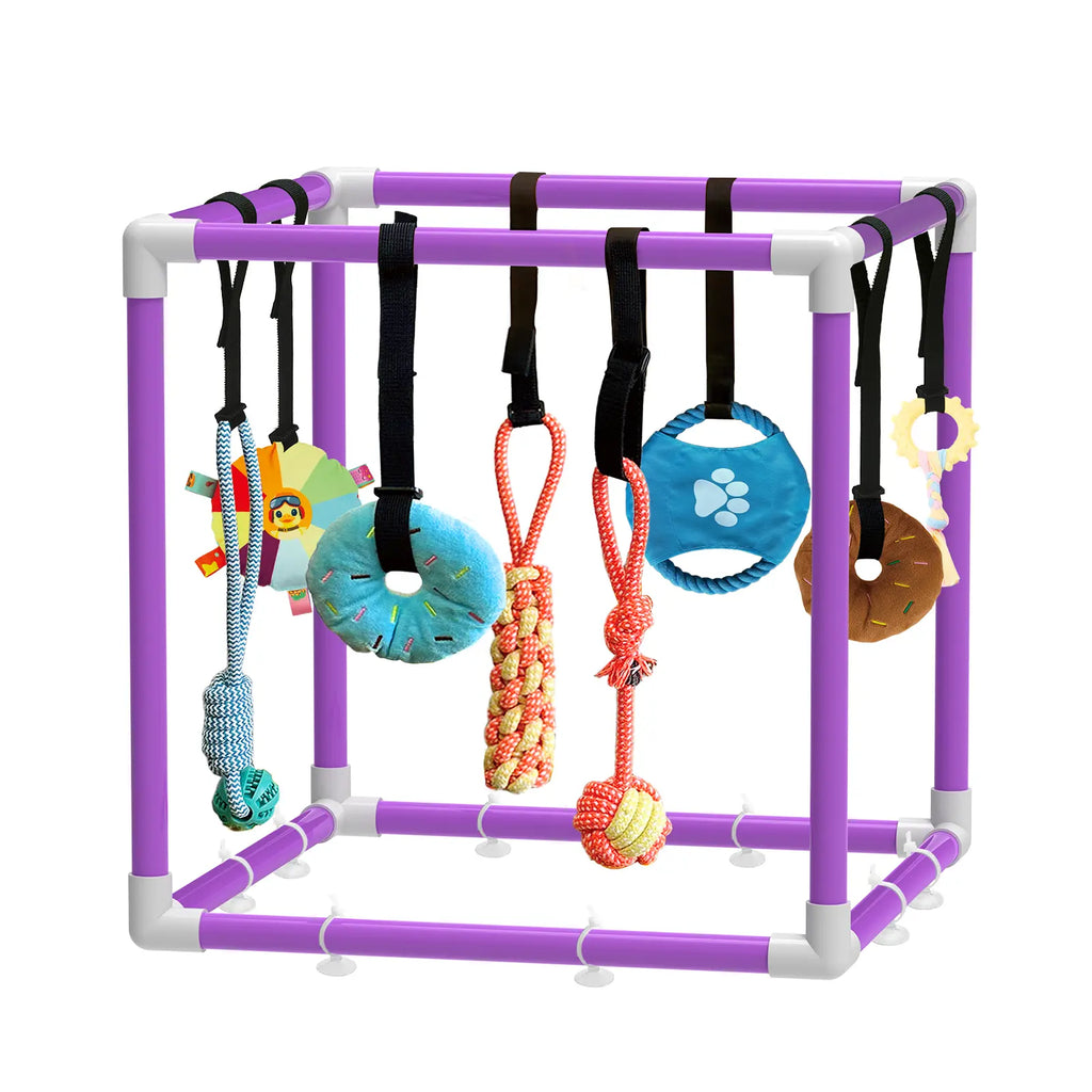 Indoor Puppy Play Gym - PVC Frame with Velcro Rope, Snuffle Mat, and 8 Hanging Toys for Interactive Training and Enrichment for Small Dogs