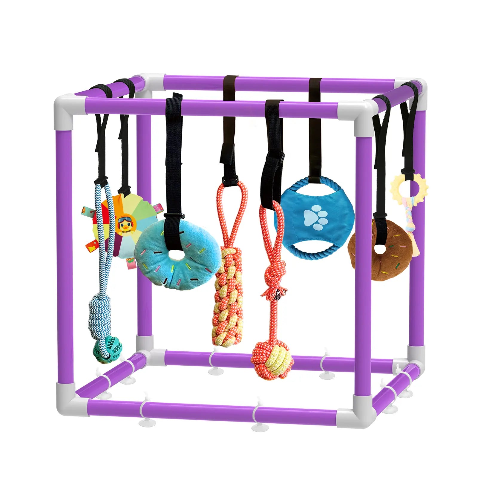 Indoor Puppy Play Gym - PVC Frame with Velcro Rope, Snuffle Mat, and 8 Hanging Toys for Interactive Training and Enrichment for Small Dogs