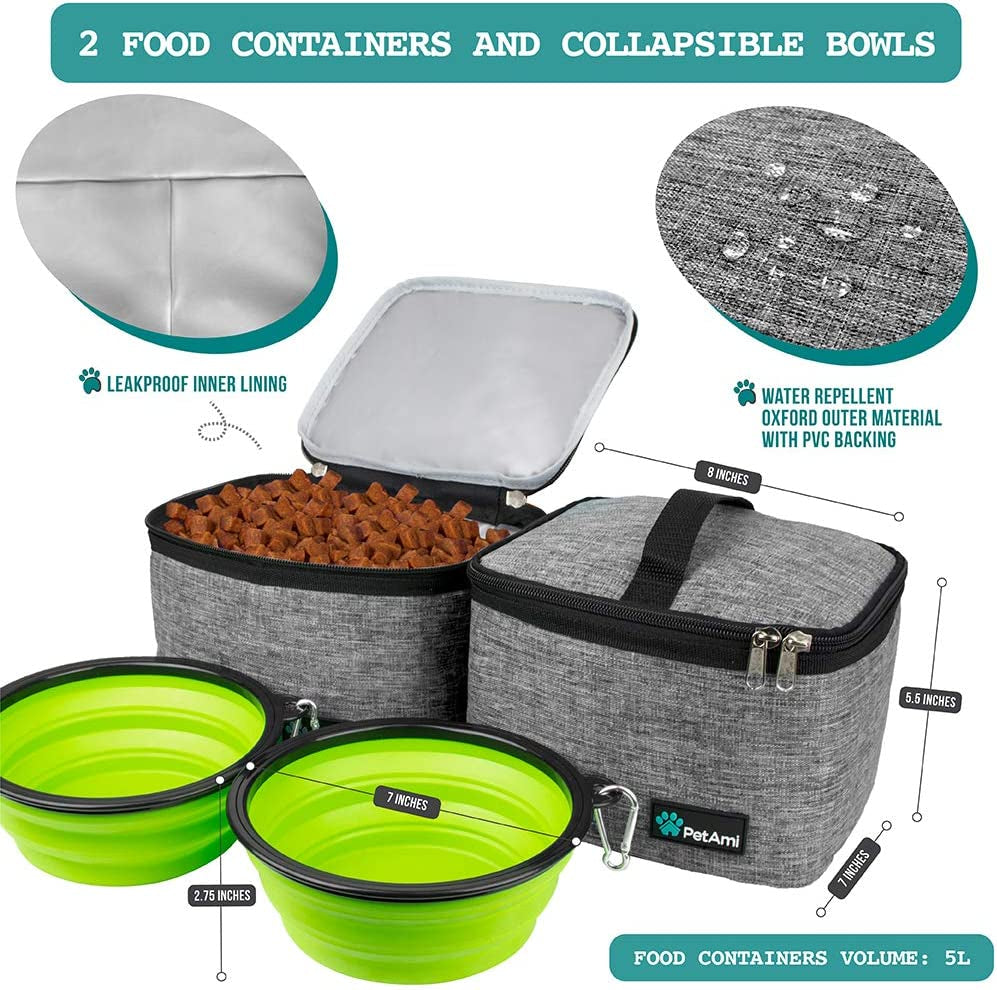 Dog Travel Bag Organizer - Comprehensive Pet Travel Kit with Dual Food Containers and Collapsible Dog Bowls, Versatile Supplies Tote with Luggage Sleeve, Ideal for Weekend Road Trips and Camping, Gray, Large