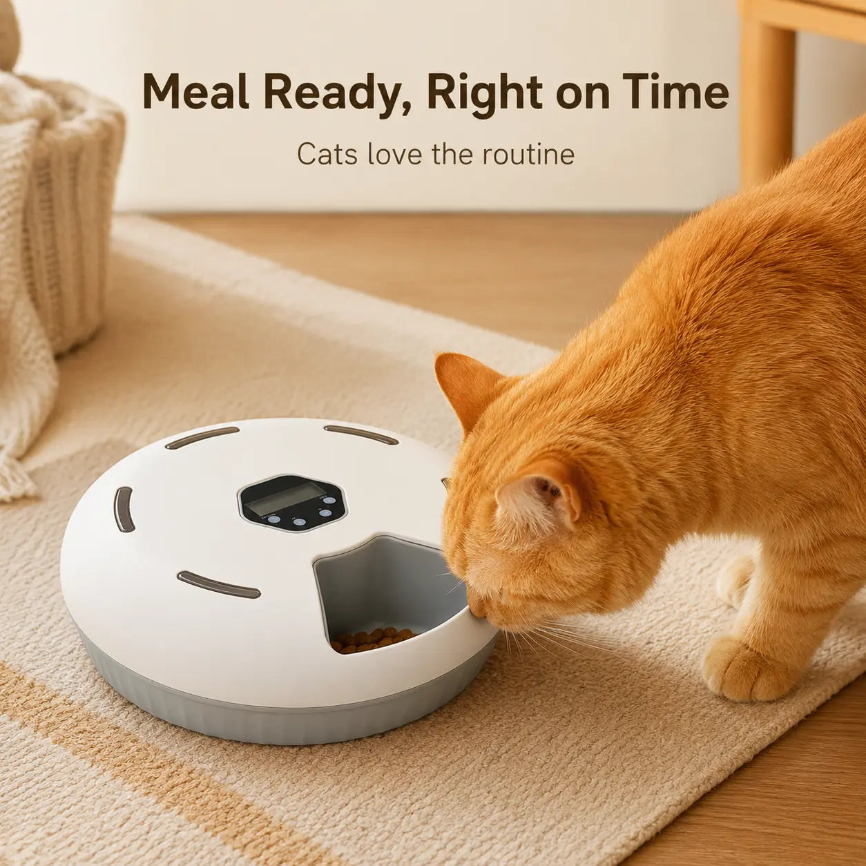 Timed Automatic Cat Feeder with 6 Meals - Detachable Indoor Rotating Dispenser for Wet & Dry Food, Includes Ice Packs, Battery Operated for Kittens and Small Dogs, White