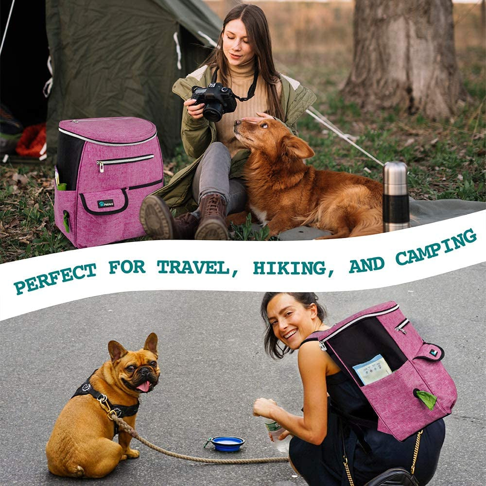 Professional Dog Travel Backpack, 27L Airline-Approved Pet Supplies Organizer with Dual Food Containers, Two Collapsible Bowls, and Poop Bag Dispenser - Ideal for Weekend Road Trips and Camping, Perfect Gift for Dog Moms, Pink