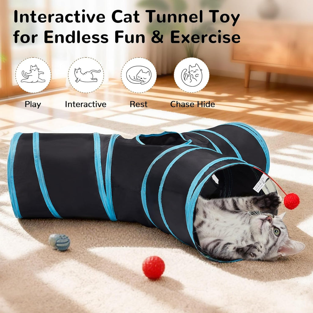 Collapsible 3-Way Cat Tunnel Toy with Interactive Features, Peek Holes, Teaser Wand, and Hanging Ball in Black and Blue