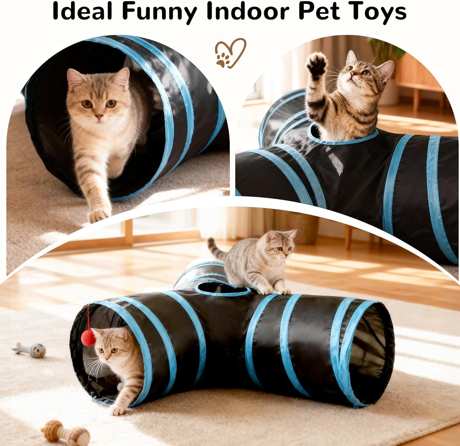 Collapsible 3-Way Cat Tunnel Toy with Interactive Features, Peek Holes, Teaser Wand, and Hanging Ball in Black and Blue