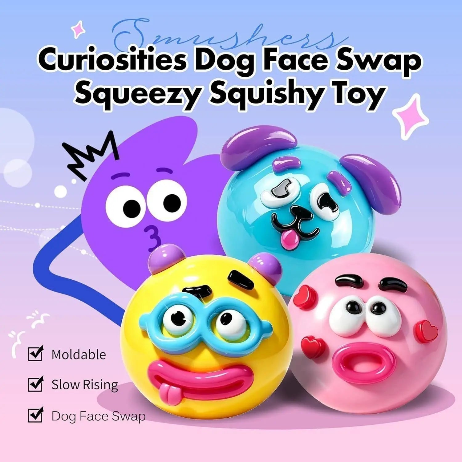 Smushers Interchangeable Squishy Dog Face Fidget Toys - Soft, Moldable, Slow-Rise Sensory Stress Relief for Tactile Play