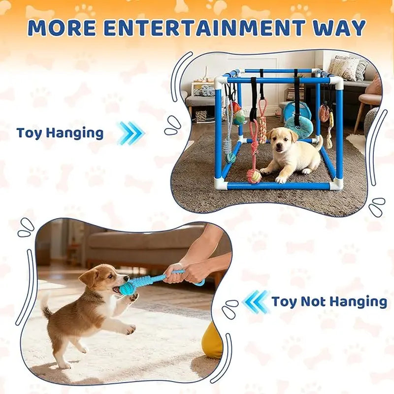 Indoor Puppy Play Gym - PVC Frame with Velcro Rope, Snuffle Mat, and 8 Hanging Toys for Interactive Training and Enrichment for Small Dogs