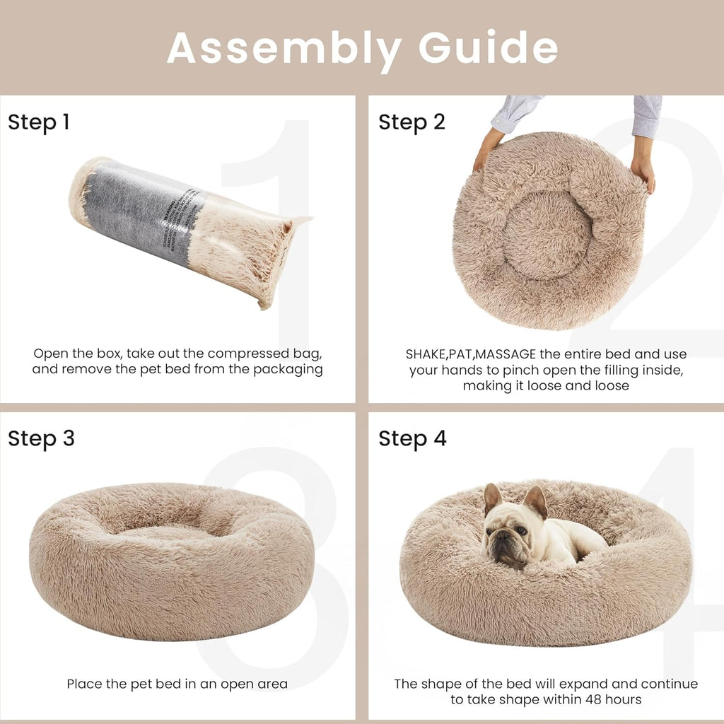 Calming Donut Pet Bed for Cats and Small to Medium Dogs, Anti-Anxiety Fluffy Warming Bed in Beige Taupe - Available in 20" and 24" Sizes