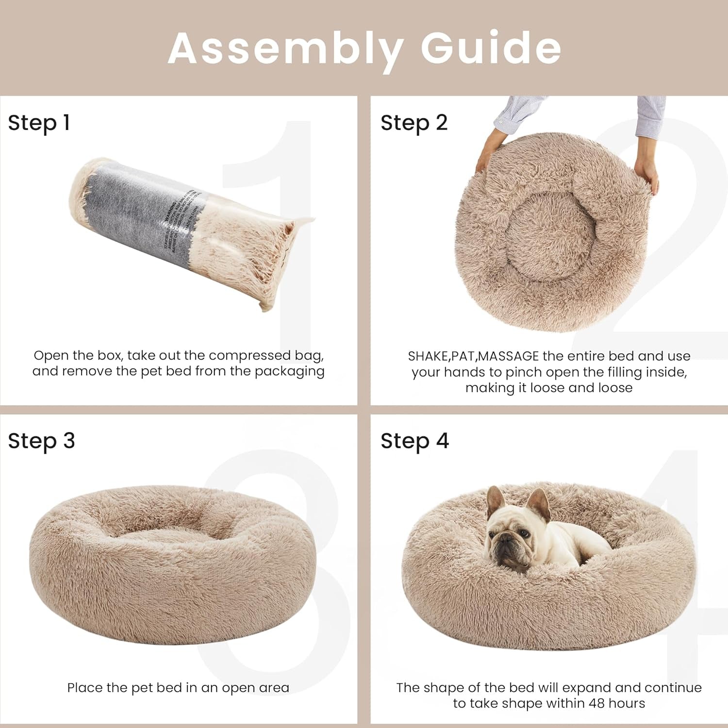 Calming Donut Pet Bed for Cats and Small to Medium Dogs, Anti-Anxiety Fluffy Warming Bed in Beige Taupe - Available in 20" and 24" Sizes