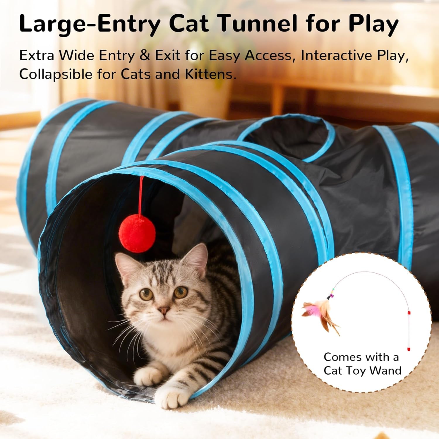 Collapsible 3-Way Cat Tunnel Toy with Interactive Features, Peek Holes, Teaser Wand, and Hanging Ball in Black and Blue