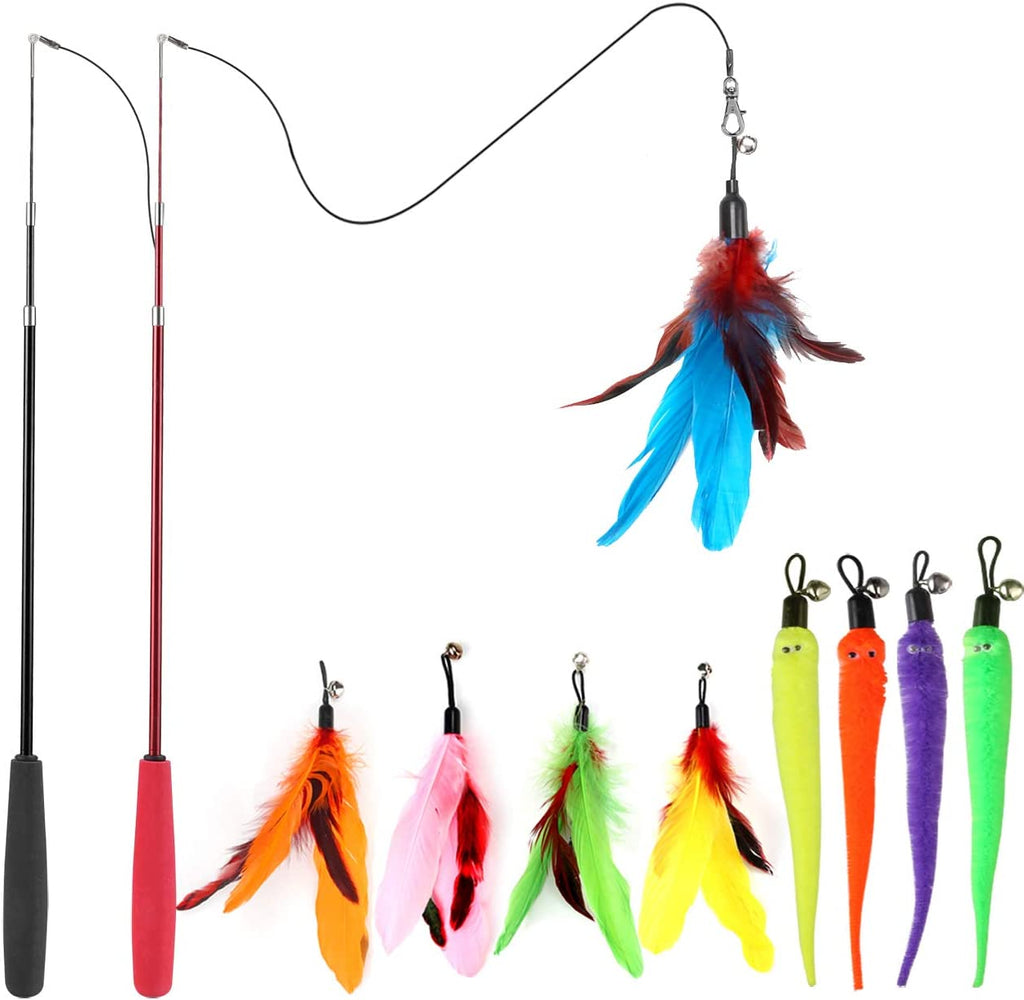 Interactive Cat Toy Set: 2 Retractable Wands and 9 Feather Refills for Indoor Cats - Engaging Play and Exercise Solutions