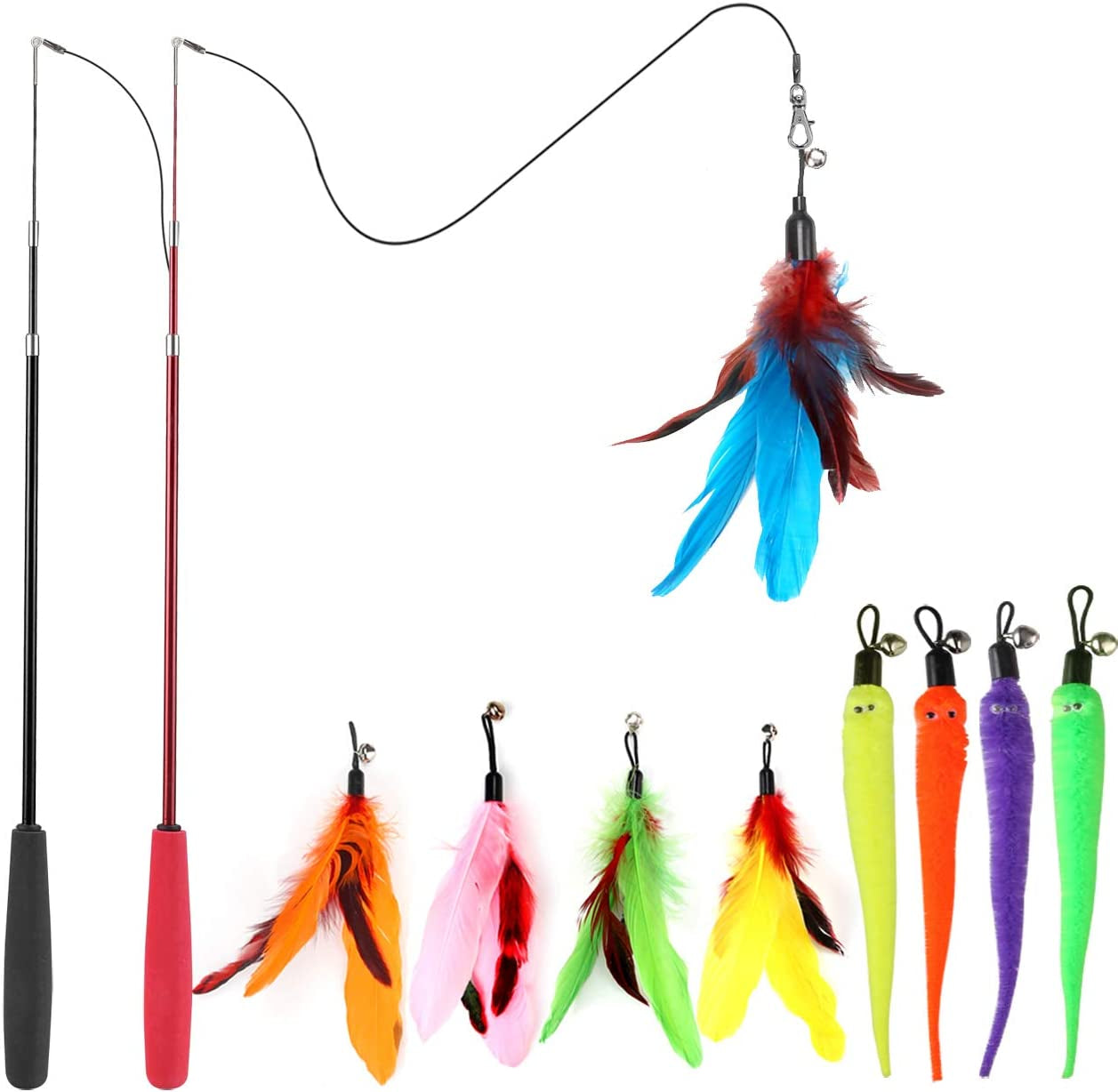 Interactive Cat Toy Set: 2 Retractable Wands and 9 Feather Refills for Indoor Cats - Engaging Play and Exercise Solutions