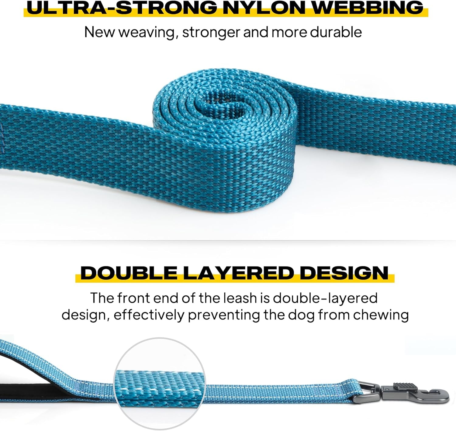 Heavy-Duty 5-Foot Dog Leash with Dual Padded Handles, Traffic Handle, Advanced Snap Hook, and Reflective Design for All Breeds - Blue