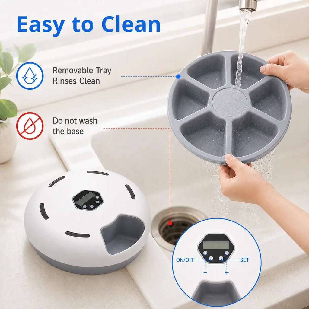 Timed Automatic Cat Feeder with 6 Meals - Detachable Indoor Rotating Dispenser for Wet & Dry Food, Includes Ice Packs, Battery Operated for Kittens and Small Dogs, White
