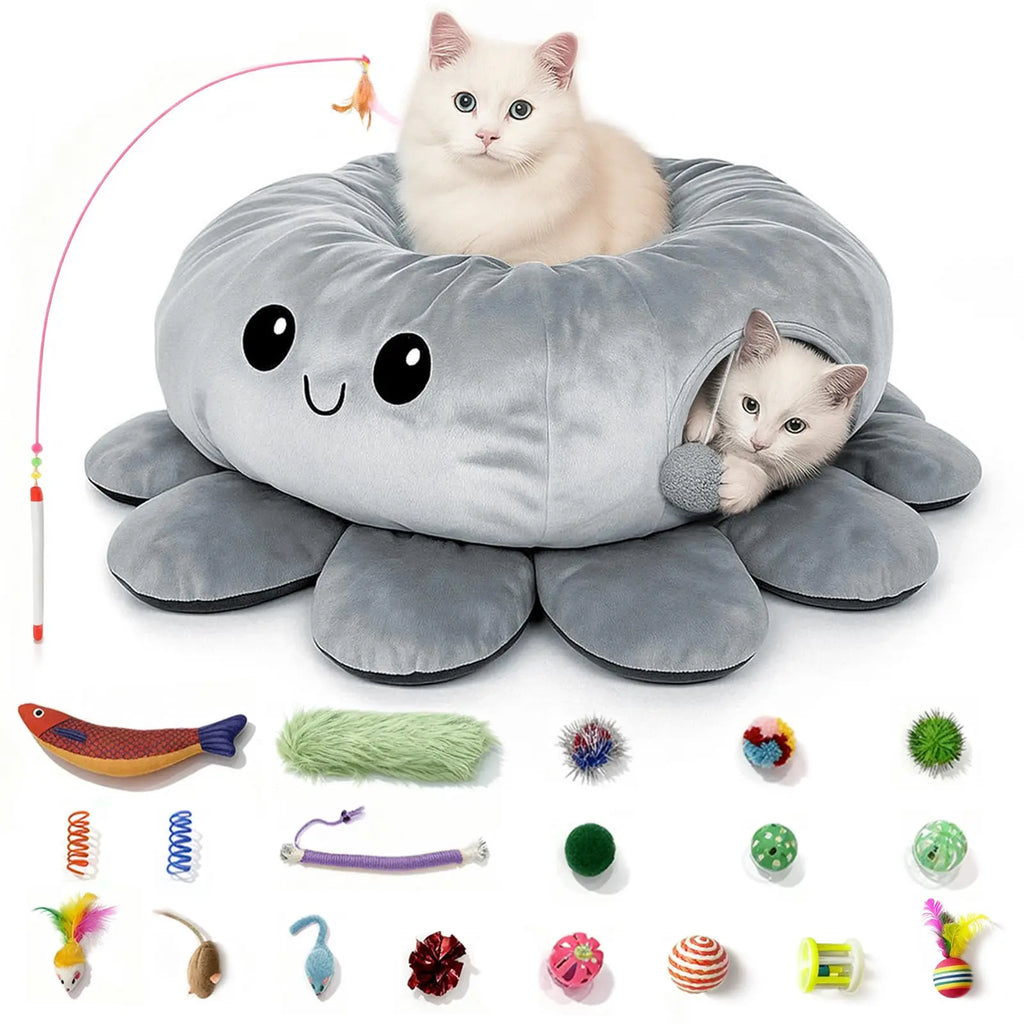 Indoor Cat Tunnel Bed and Toy Set - Octopus-Shaped Peekaboo Cave and Christmas Tree Skirt for Multiple Cats - Perfect for Playtime #SummerSale