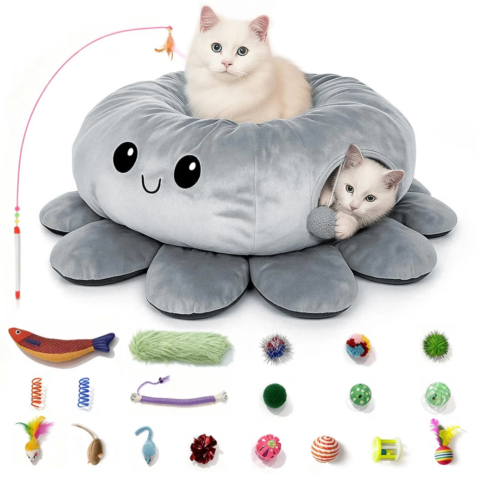 Indoor Cat Tunnel Bed and Toy Set - Octopus-Shaped Peekaboo Cave and Christmas Tree Skirt for Multiple Cats - Perfect for Playtime #SummerSale