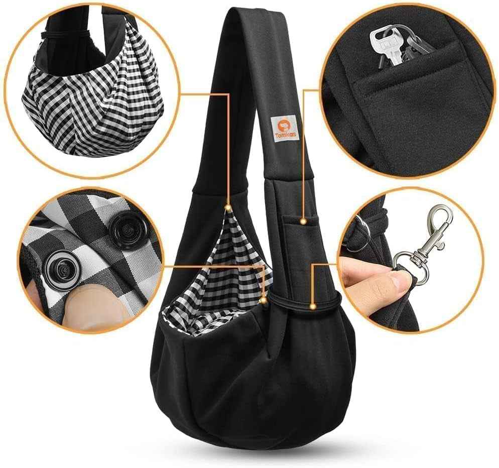 Small Dog Sling Carrier - Classic Pocket and Strap Design for Pets Weighing 3-10 lbs (Black)